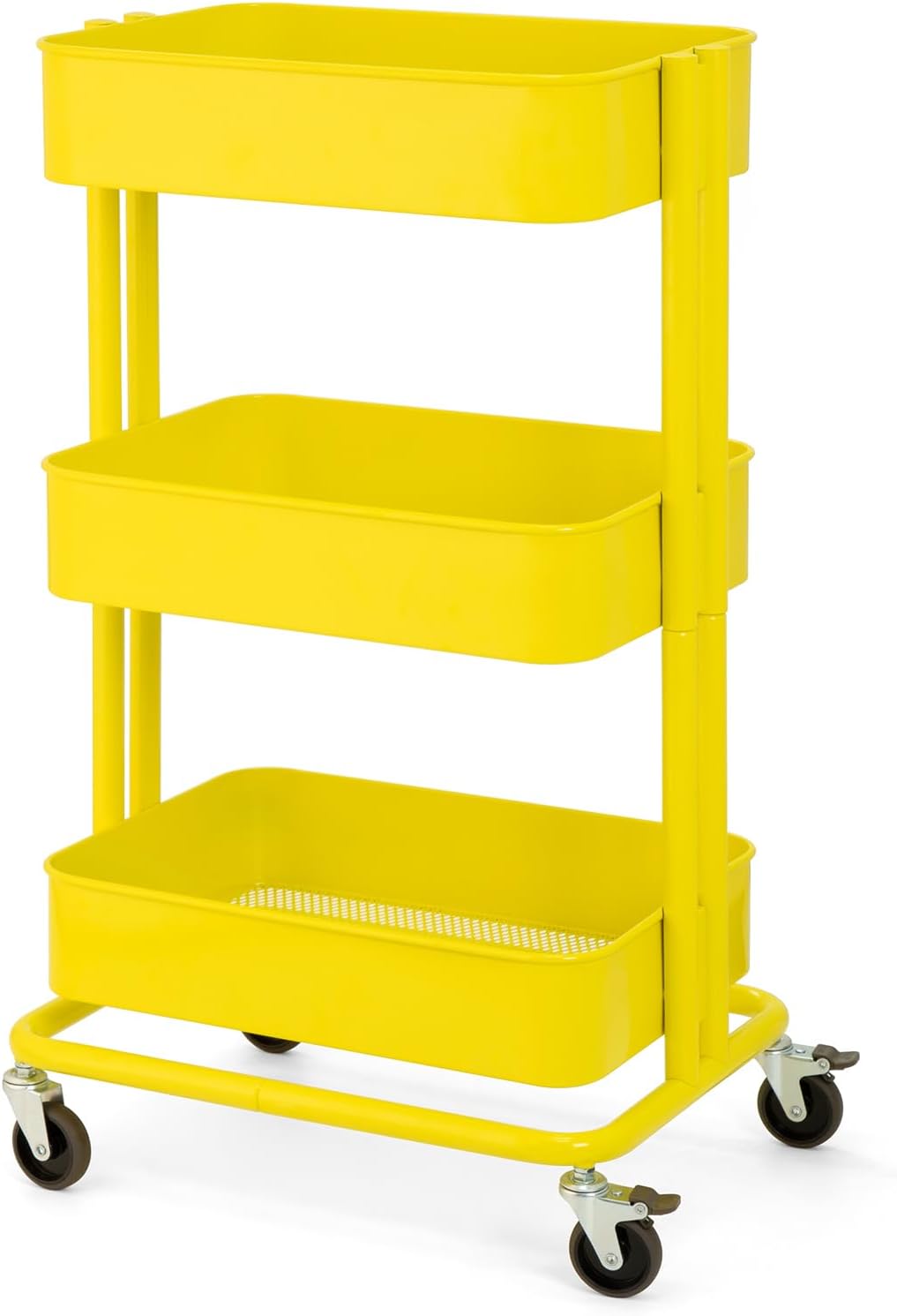 3 Tier Rolling Cart Metal Heavy Duty Utility Cart with Silent Caster Lockable Wheel Multi-Functional Organization Carts Storage Trolley with Mesh Shelves for Office Kitchen Living Room Yellow