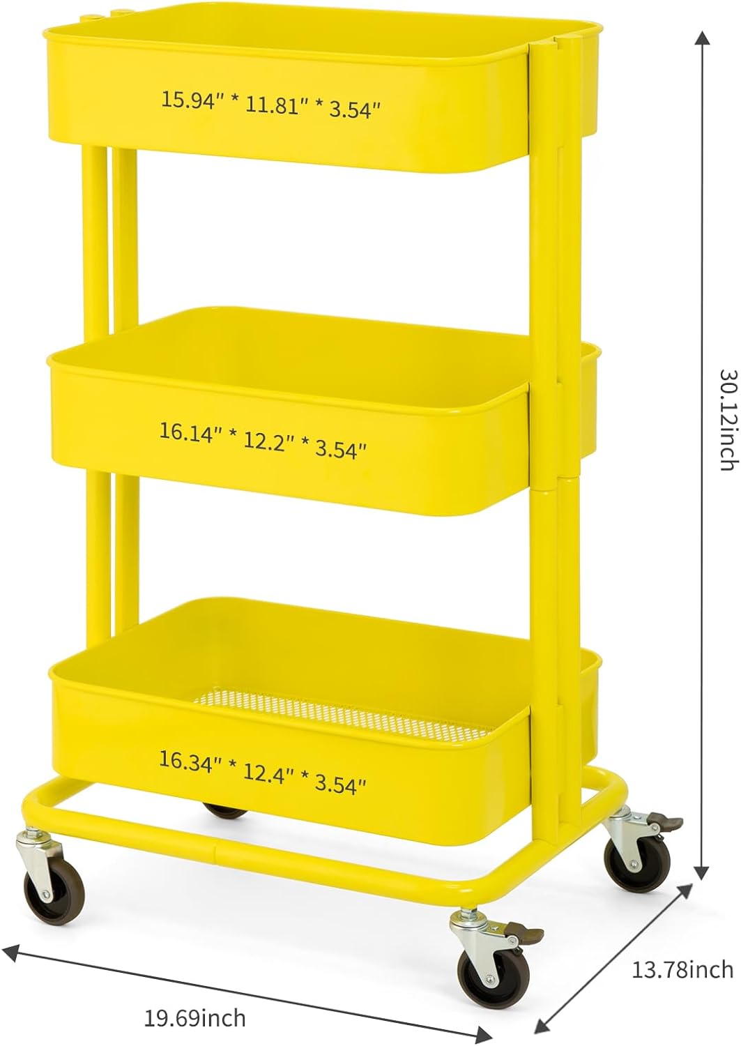 3 Tier Rolling Cart Metal Heavy Duty Utility Cart with Silent Caster Lockable Wheel Multi-Functional Organization Carts Storage Trolley with Mesh Shelves for Office Kitchen Living Room Yellow