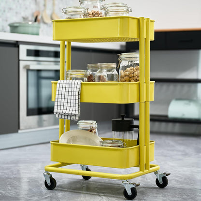 3 Tier Rolling Cart Metal Heavy Duty Utility Cart with Silent Caster Lockable Wheel Multi-Functional Organization Carts Storage Trolley with Mesh Shelves for Office Kitchen Living Room Yellow