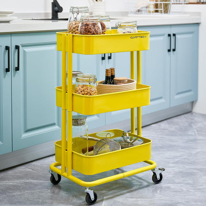 3 Tier Rolling Cart Metal Heavy Duty Utility Cart with Silent Caster Lockable Wheel Multi-Functional Organization Carts Storage Trolley with Mesh Shelves for Office Kitchen Living Room Yellow