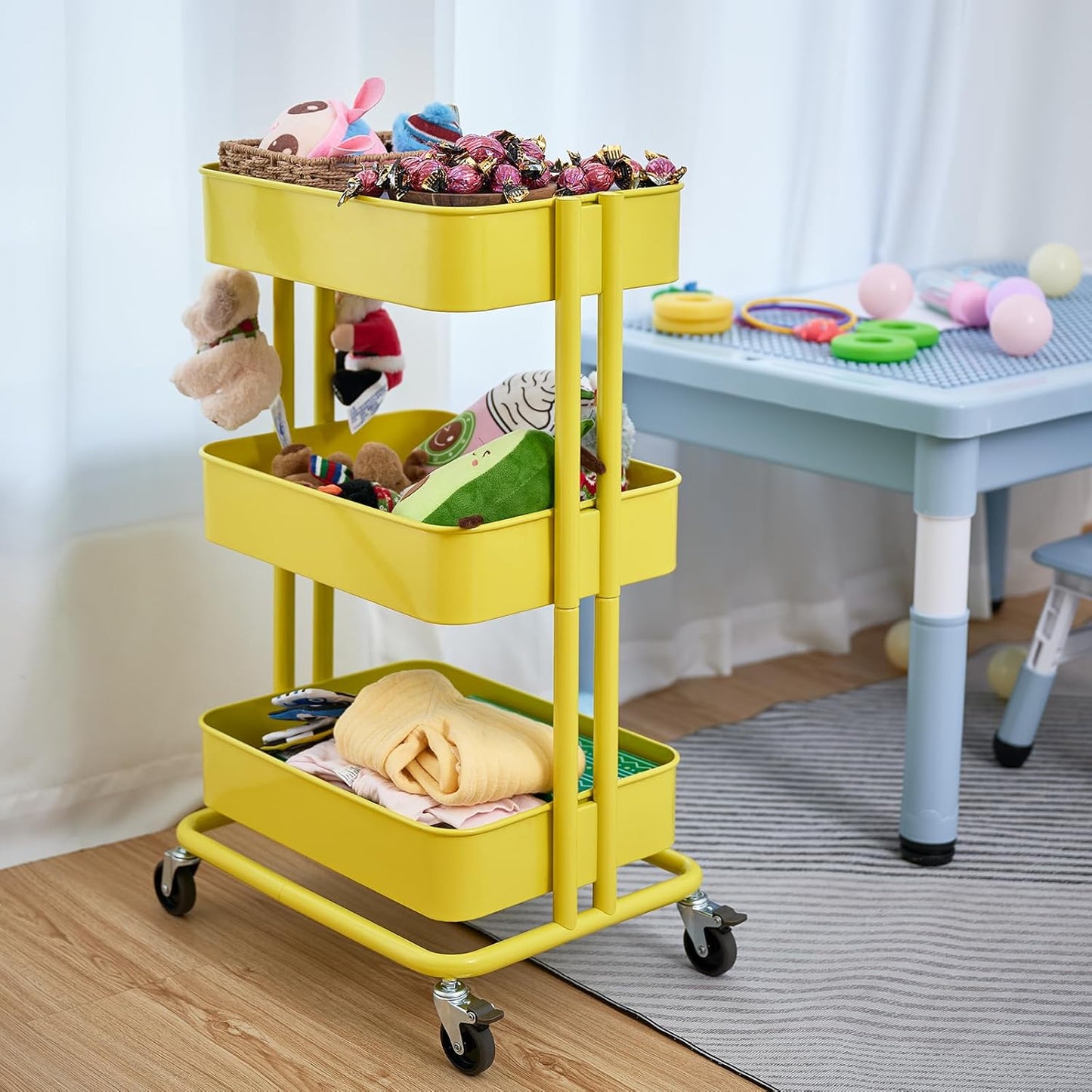 3 Tier Rolling Cart Metal Heavy Duty Utility Cart with Silent Caster Lockable Wheel Multi-Functional Organization Carts Storage Trolley with Mesh Shelves for Office Kitchen Living Room Yellow