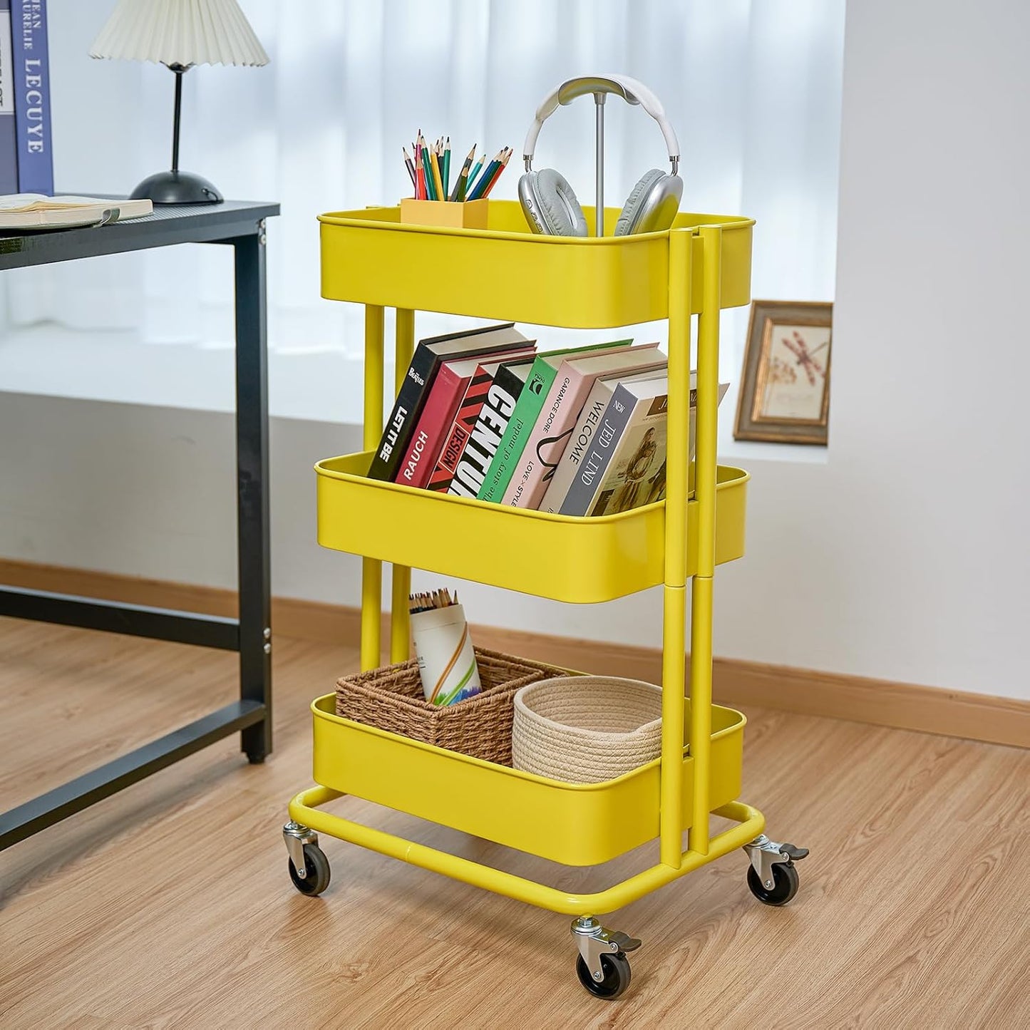 3 Tier Rolling Cart Metal Heavy Duty Utility Cart with Silent Caster Lockable Wheel Multi-Functional Organization Carts Storage Trolley with Mesh Shelves for Office Kitchen Living Room Yellow