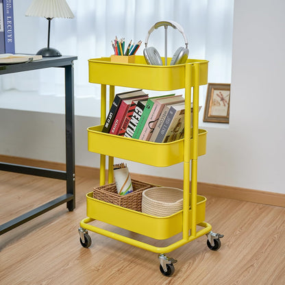 3 Tier Rolling Cart Metal Heavy Duty Utility Cart with Silent Caster Lockable Wheel Multi-Functional Organization Carts Storage Trolley with Mesh Shelves for Office Kitchen Living Room Yellow
