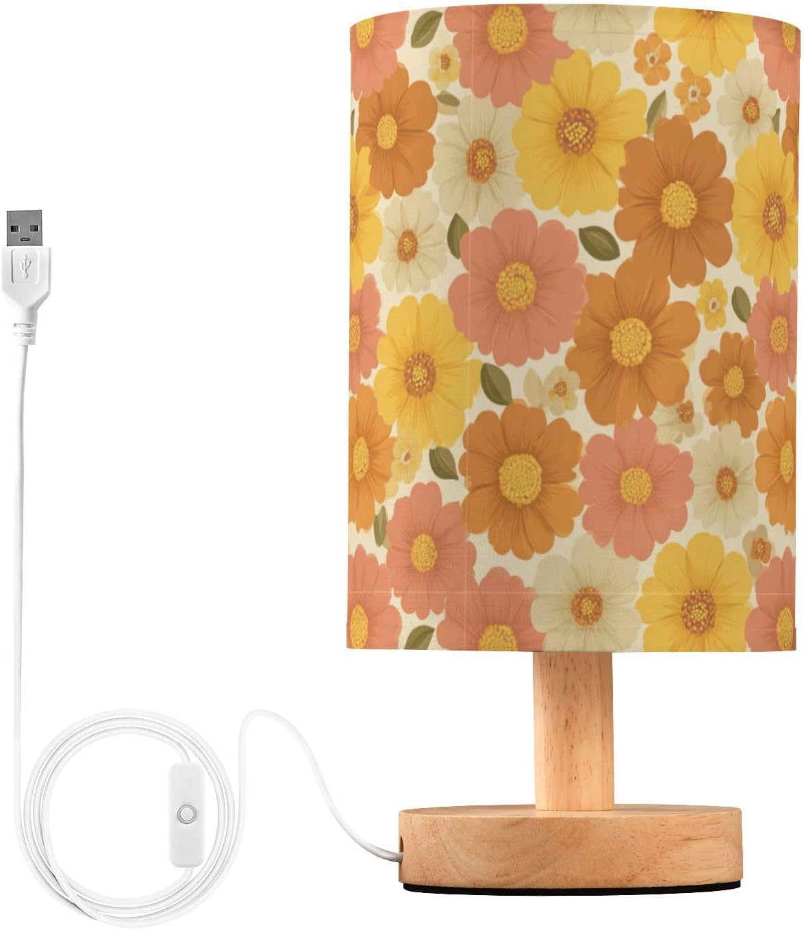 Bedside Table Lamp Retro Groovy Floral Yellow (9) Kids Nightstand Lamp Night Light Fabric Shade for Bedroom Living Room Home