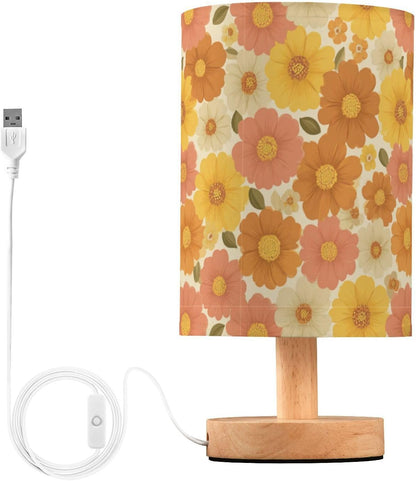 Bedside Table Lamp Retro Groovy Floral Yellow (9) Kids Nightstand Lamp Night Light Fabric Shade for Bedroom Living Room Home