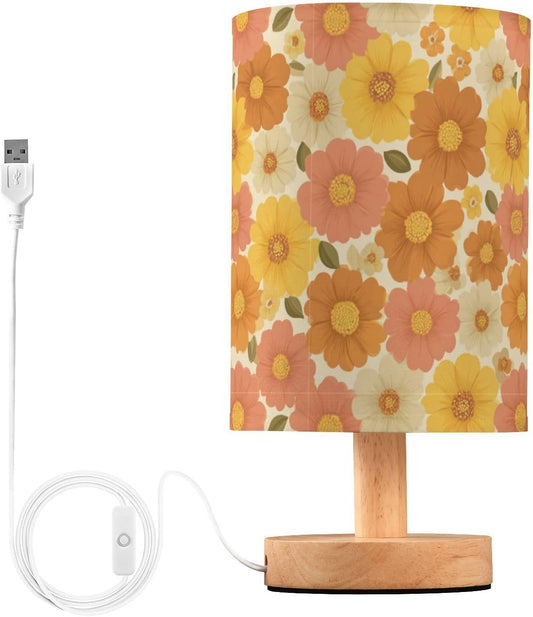 Bedside Table Lamp Retro Groovy Floral Yellow (9) Kids Nightstand Lamp Night Light Fabric Shade for Bedroom Living Room Home