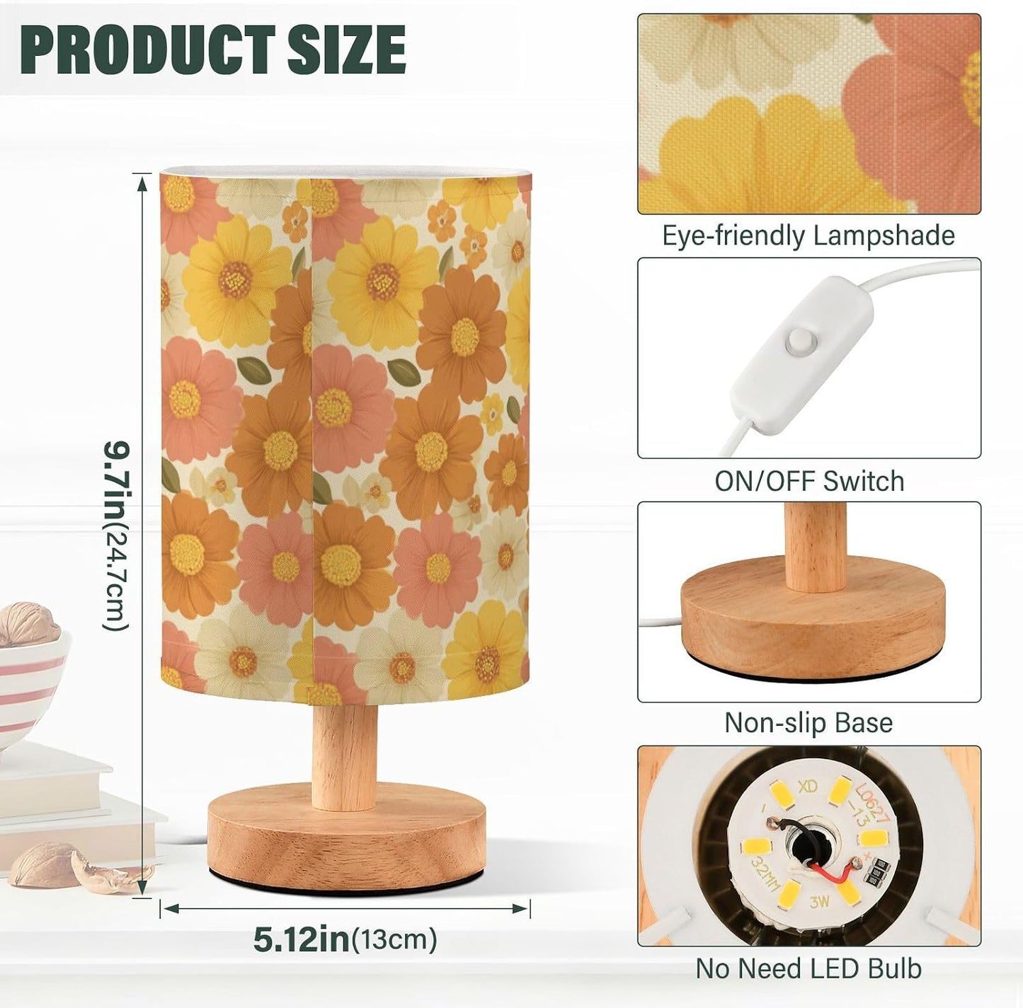 Bedside Table Lamp Retro Groovy Floral Yellow (9) Kids Nightstand Lamp Night Light Fabric Shade for Bedroom Living Room Home