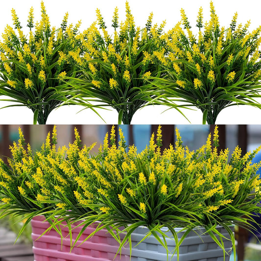 Artificial Flowers for Outdoor Plants 24Bundles Fake Lavender UV Resistant | Realistic Plastic Faux Monkey Grass for Greenery Outdoor Artificial Plants Garden Patio Front Porch for Decor (Yellow)
