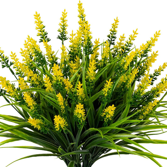 Artificial Flowers for Outdoor Plants 24Bundles Fake Lavender UV Resistant | Realistic Plastic Faux Monkey Grass for Greenery Outdoor Artificial Plants Garden Patio Front Porch for Decor (Yellow)