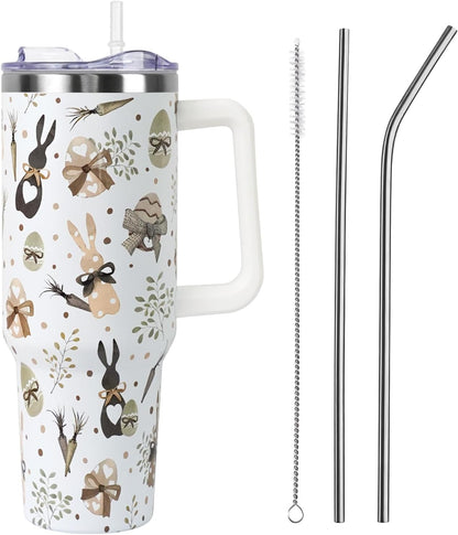 Floral Lemon Tumbler with Handle and Straw Lid 40 oz,Cute Spring Summer Gift for Women Men Friends Boho Flowers Vacuum Insulated Leak Proof Stainless Steel Coffee Cup Mug