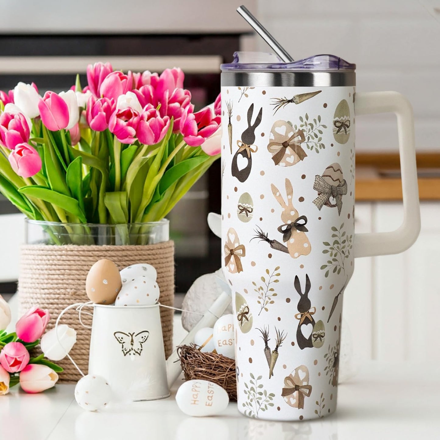 Floral Lemon Tumbler with Handle and Straw Lid 40 oz,Cute Spring Summer Gift for Women Men Friends Boho Flowers Vacuum Insulated Leak Proof Stainless Steel Coffee Cup Mug