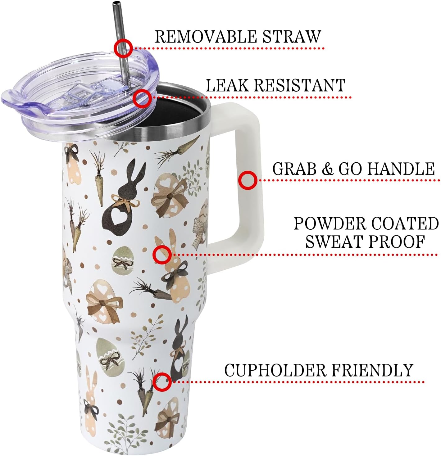 Floral Lemon Tumbler with Handle and Straw Lid 40 oz,Cute Spring Summer Gift for Women Men Friends Boho Flowers Vacuum Insulated Leak Proof Stainless Steel Coffee Cup Mug