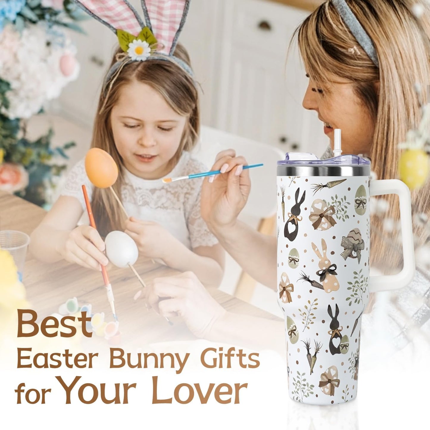 Floral Lemon Tumbler with Handle and Straw Lid 40 oz,Cute Spring Summer Gift for Women Men Friends Boho Flowers Vacuum Insulated Leak Proof Stainless Steel Coffee Cup Mug