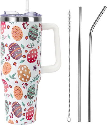 Floral Lemon Tumbler with Handle and Straw Lid 40 oz,Cute Spring Summer Gift for Women Men Friends Boho Flowers Vacuum Insulated Leak Proof Stainless Steel Coffee Cup Mug