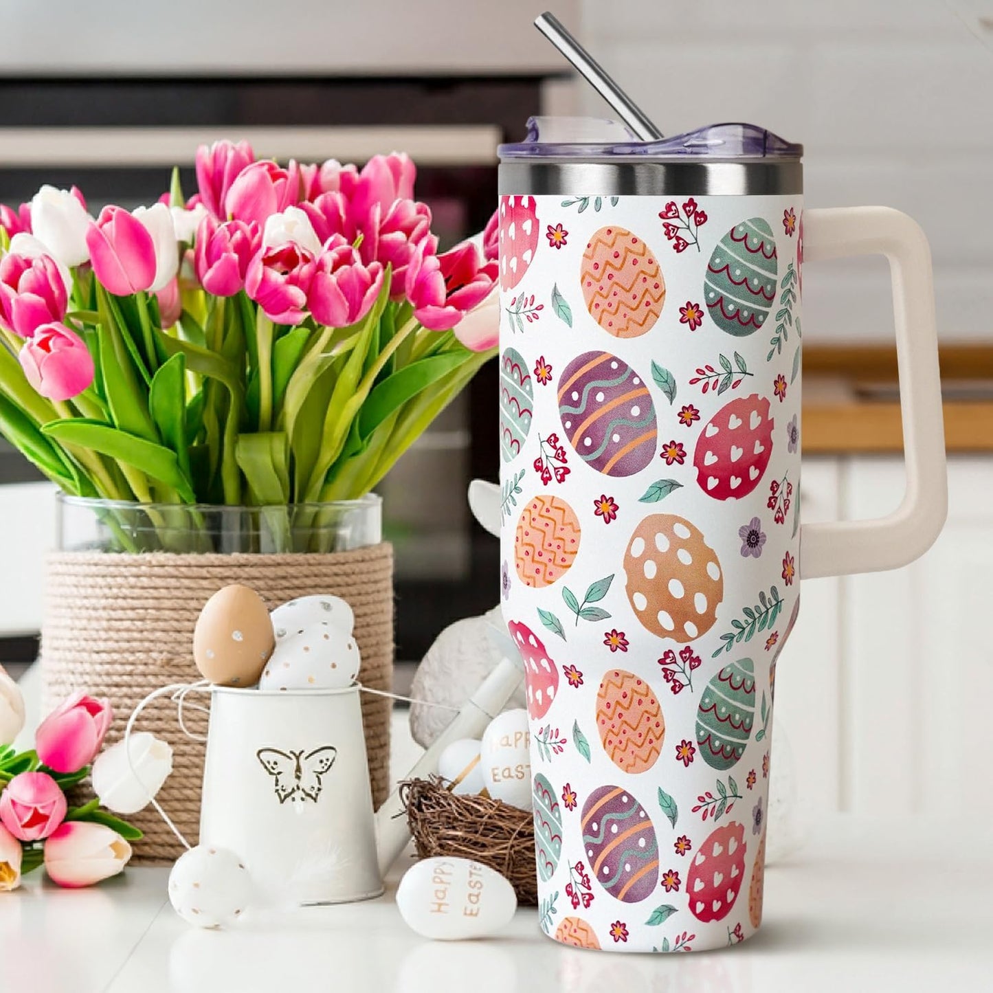 Floral Lemon Tumbler with Handle and Straw Lid 40 oz,Cute Spring Summer Gift for Women Men Friends Boho Flowers Vacuum Insulated Leak Proof Stainless Steel Coffee Cup Mug