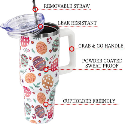 Floral Lemon Tumbler with Handle and Straw Lid 40 oz,Cute Spring Summer Gift for Women Men Friends Boho Flowers Vacuum Insulated Leak Proof Stainless Steel Coffee Cup Mug