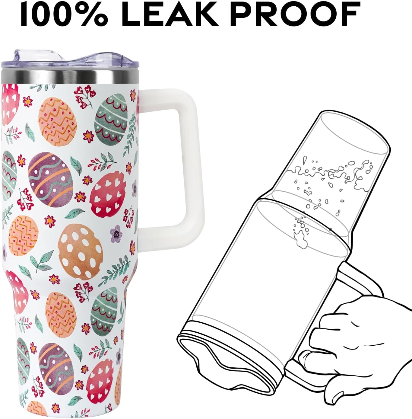 Floral Lemon Tumbler with Handle and Straw Lid 40 oz,Cute Spring Summer Gift for Women Men Friends Boho Flowers Vacuum Insulated Leak Proof Stainless Steel Coffee Cup Mug