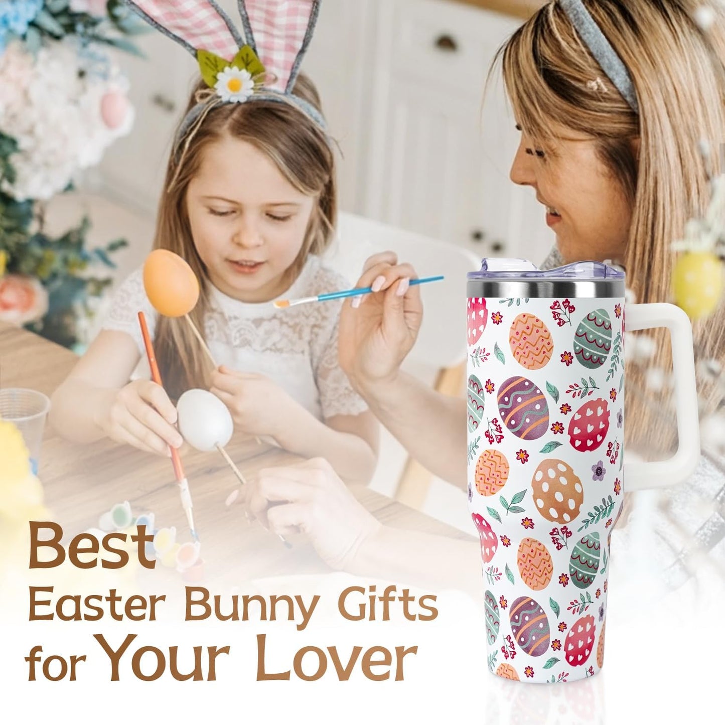 Floral Lemon Tumbler with Handle and Straw Lid 40 oz,Cute Spring Summer Gift for Women Men Friends Boho Flowers Vacuum Insulated Leak Proof Stainless Steel Coffee Cup Mug