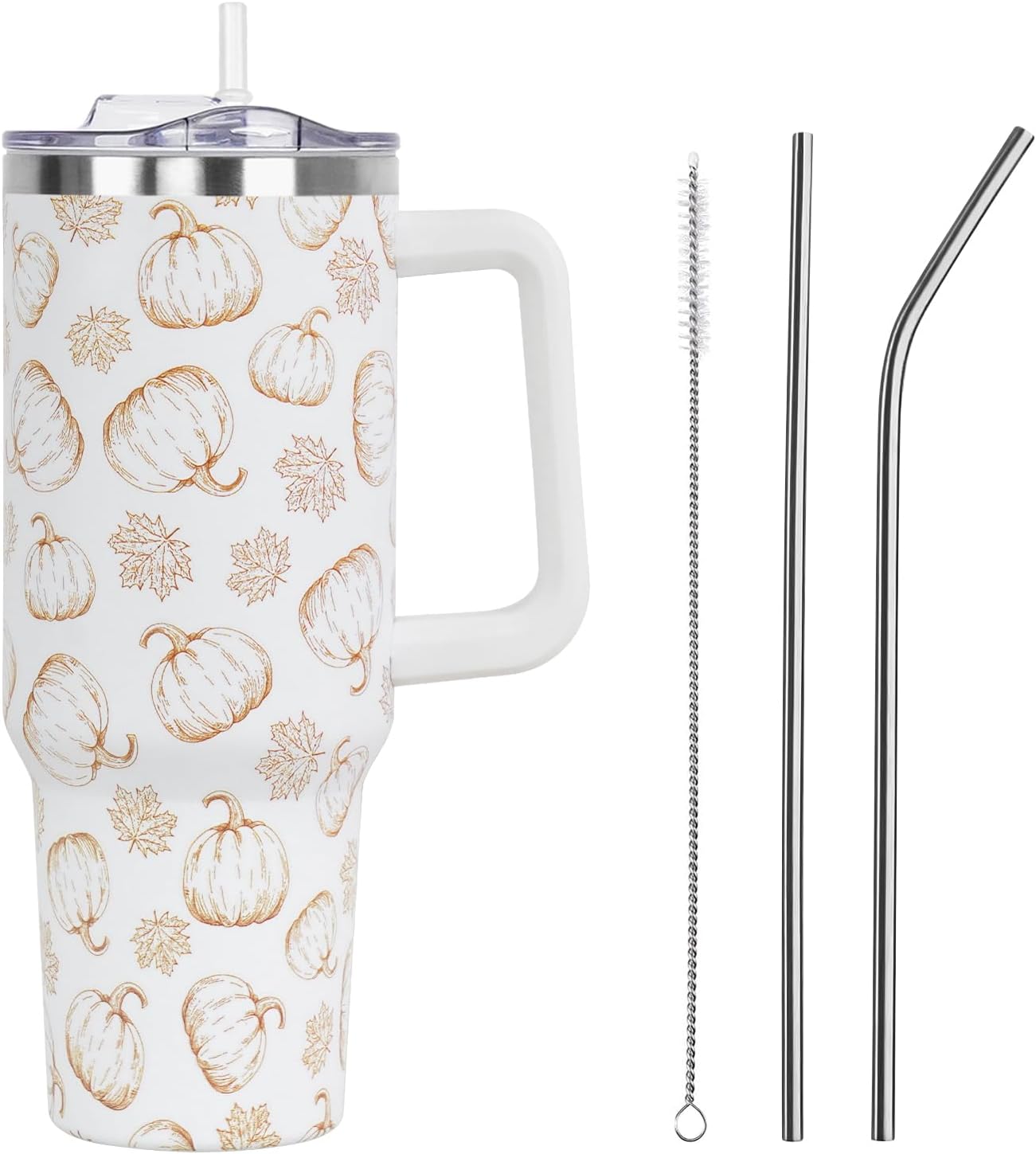 Floral Lemon Tumbler with Handle and Straw Lid 40 oz,Cute Spring Summer Gift for Women Men Friends Boho Flowers Vacuum Insulated Leak Proof Stainless Steel Coffee Cup Mug