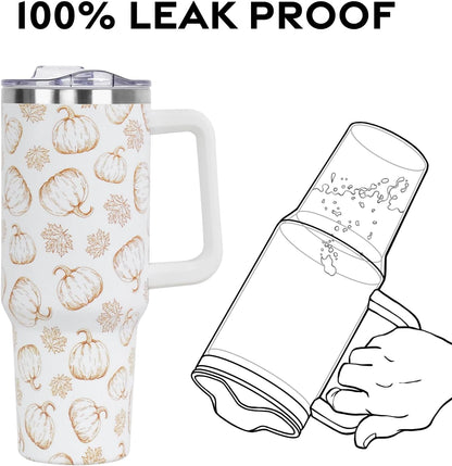 Floral Lemon Tumbler with Handle and Straw Lid 40 oz,Cute Spring Summer Gift for Women Men Friends Boho Flowers Vacuum Insulated Leak Proof Stainless Steel Coffee Cup Mug