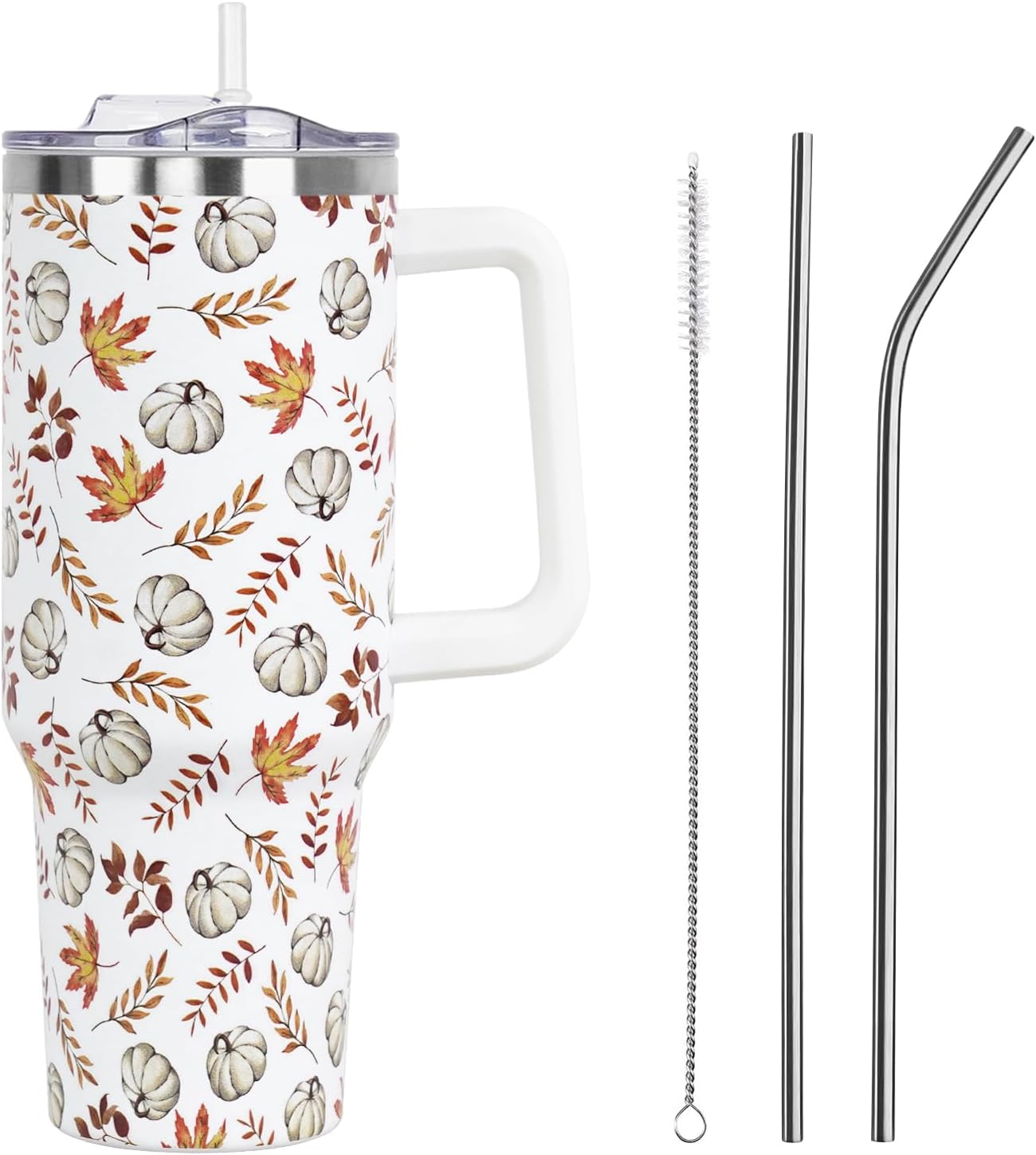 Floral Lemon Tumbler with Handle and Straw Lid 40 oz,Cute Spring Summer Gift for Women Men Friends Boho Flowers Vacuum Insulated Leak Proof Stainless Steel Coffee Cup Mug