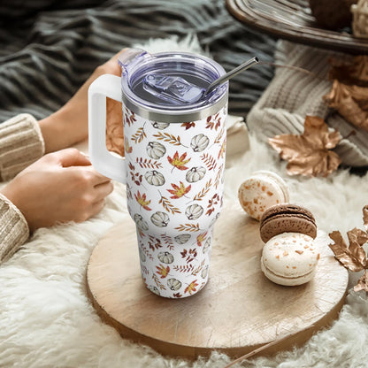 Floral Lemon Tumbler with Handle and Straw Lid 40 oz,Cute Spring Summer Gift for Women Men Friends Boho Flowers Vacuum Insulated Leak Proof Stainless Steel Coffee Cup Mug