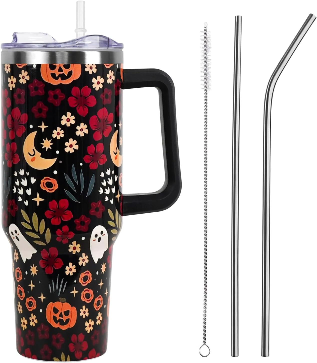Floral Lemon Tumbler with Handle and Straw Lid 40 oz,Cute Spring Summer Gift for Women Men Friends Boho Flowers Vacuum Insulated Leak Proof Stainless Steel Coffee Cup Mug