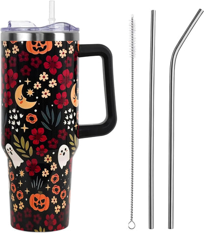 Floral Lemon Tumbler with Handle and Straw Lid 40 oz,Cute Spring Summer Gift for Women Men Friends Boho Flowers Vacuum Insulated Leak Proof Stainless Steel Coffee Cup Mug