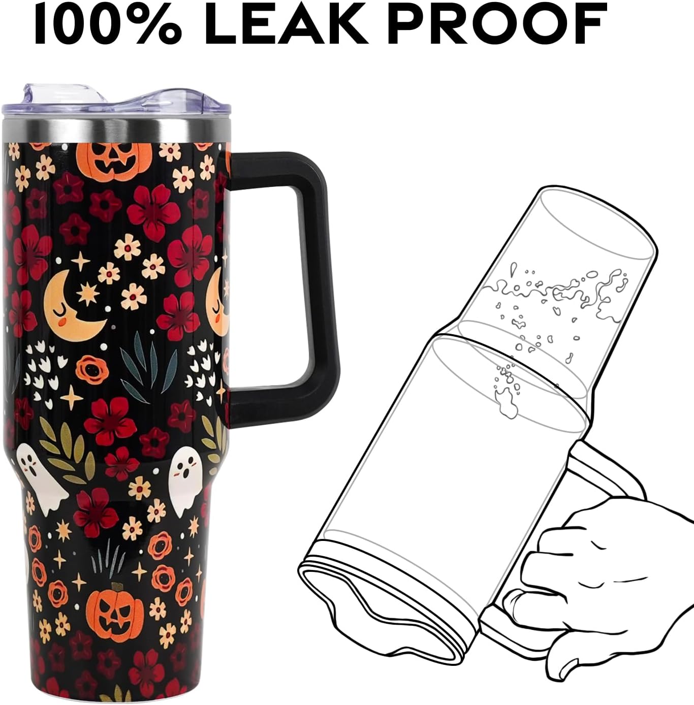 Floral Lemon Tumbler with Handle and Straw Lid 40 oz,Cute Spring Summer Gift for Women Men Friends Boho Flowers Vacuum Insulated Leak Proof Stainless Steel Coffee Cup Mug