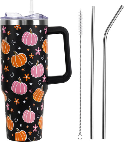 Floral Lemon Tumbler with Handle and Straw Lid 40 oz,Cute Spring Summer Gift for Women Men Friends Boho Flowers Vacuum Insulated Leak Proof Stainless Steel Coffee Cup Mug