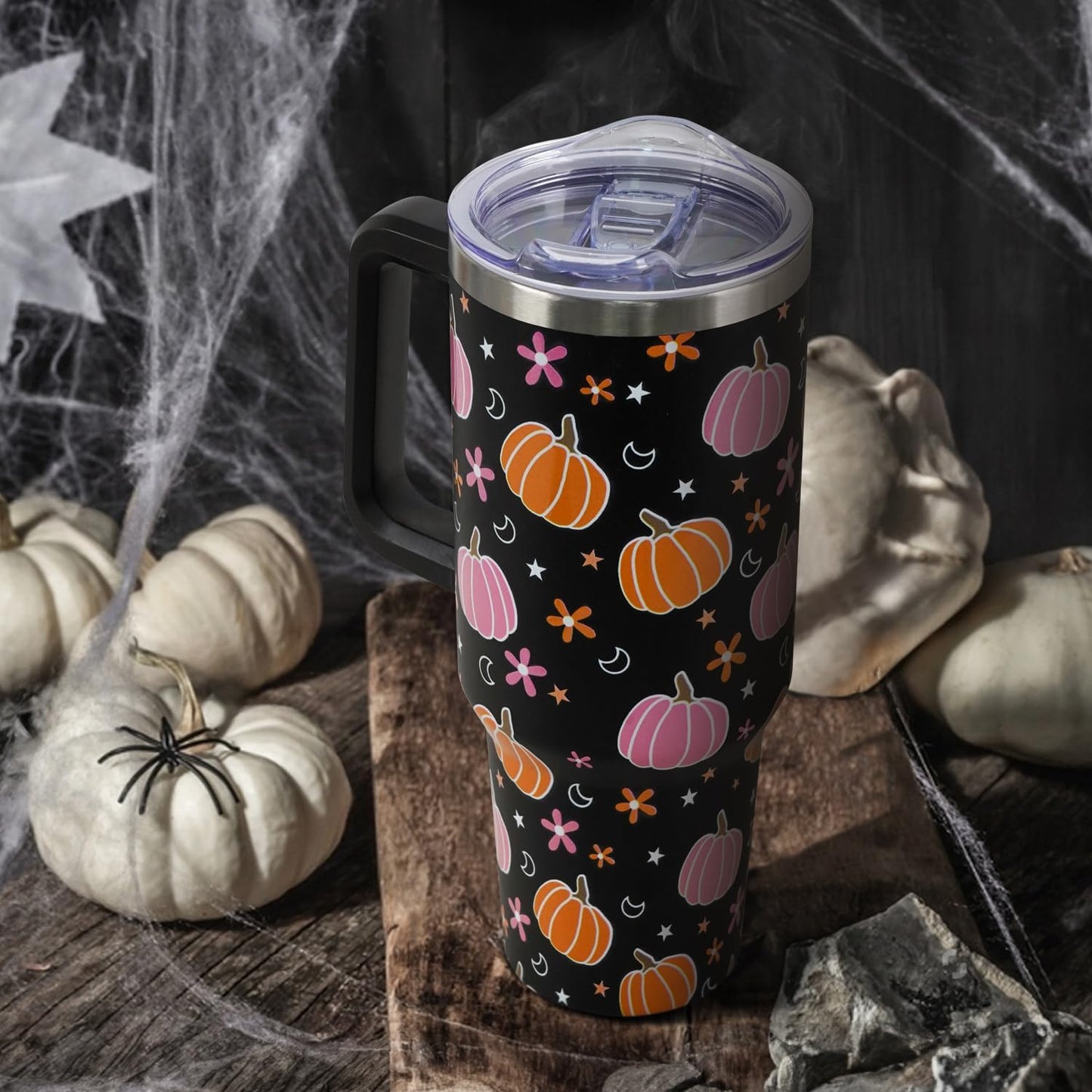 Floral Lemon Tumbler with Handle and Straw Lid 40 oz,Cute Spring Summer Gift for Women Men Friends Boho Flowers Vacuum Insulated Leak Proof Stainless Steel Coffee Cup Mug