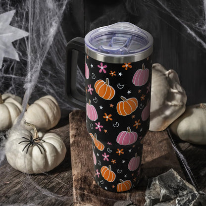 Floral Lemon Tumbler with Handle and Straw Lid 40 oz,Cute Spring Summer Gift for Women Men Friends Boho Flowers Vacuum Insulated Leak Proof Stainless Steel Coffee Cup Mug