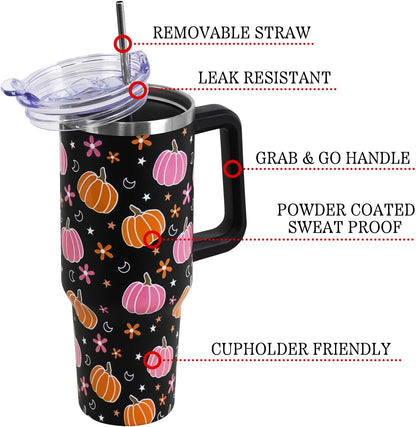 Floral Lemon Tumbler with Handle and Straw Lid 40 oz,Cute Spring Summer Gift for Women Men Friends Boho Flowers Vacuum Insulated Leak Proof Stainless Steel Coffee Cup Mug