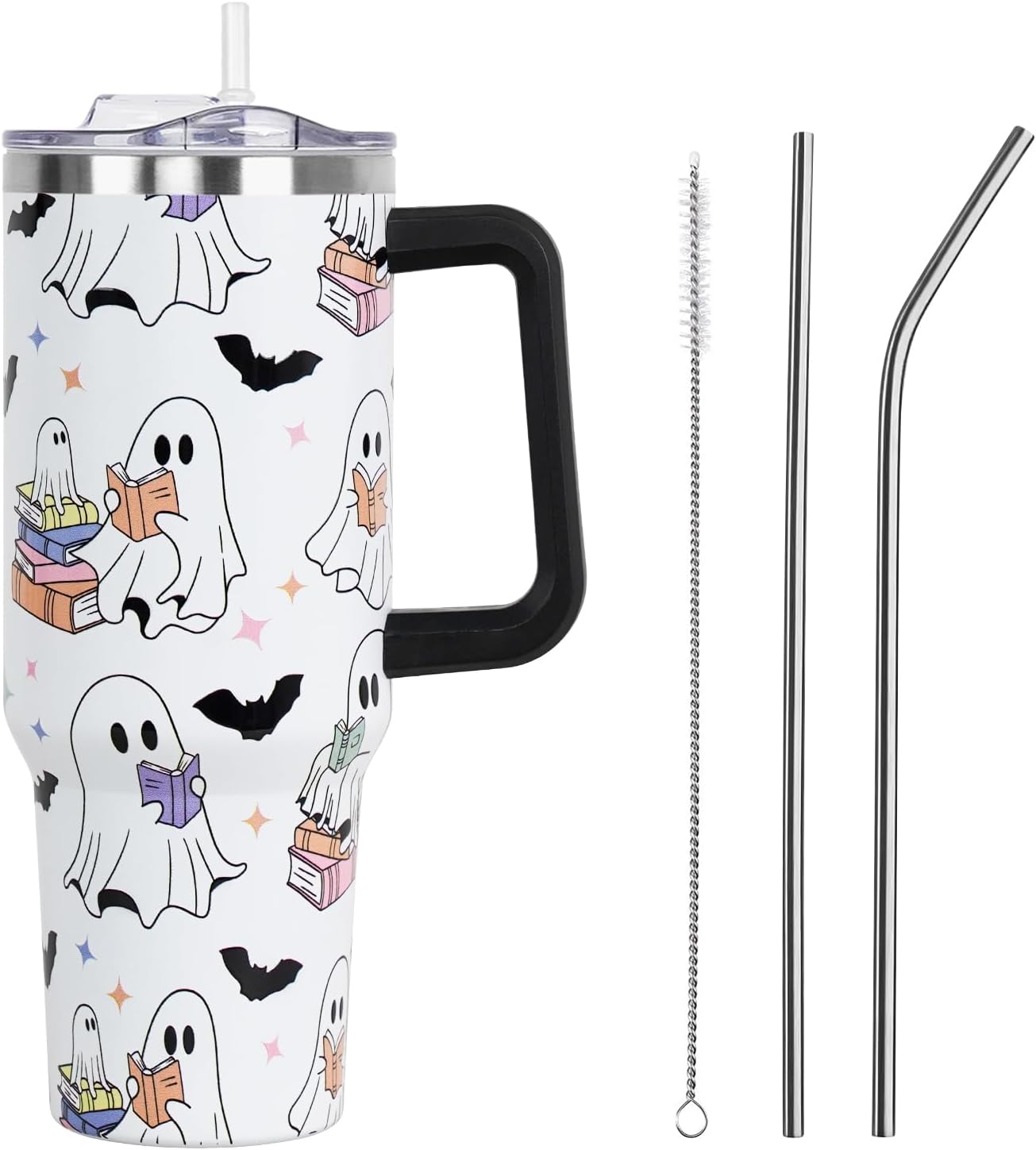 Floral Lemon Tumbler with Handle and Straw Lid 40 oz,Cute Spring Summer Gift for Women Men Friends Boho Flowers Vacuum Insulated Leak Proof Stainless Steel Coffee Cup Mug