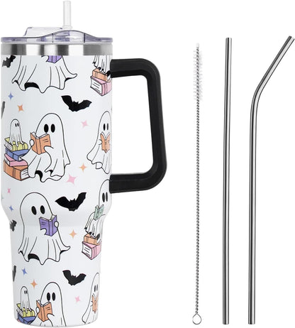 Floral Lemon Tumbler with Handle and Straw Lid 40 oz,Cute Spring Summer Gift for Women Men Friends Boho Flowers Vacuum Insulated Leak Proof Stainless Steel Coffee Cup Mug