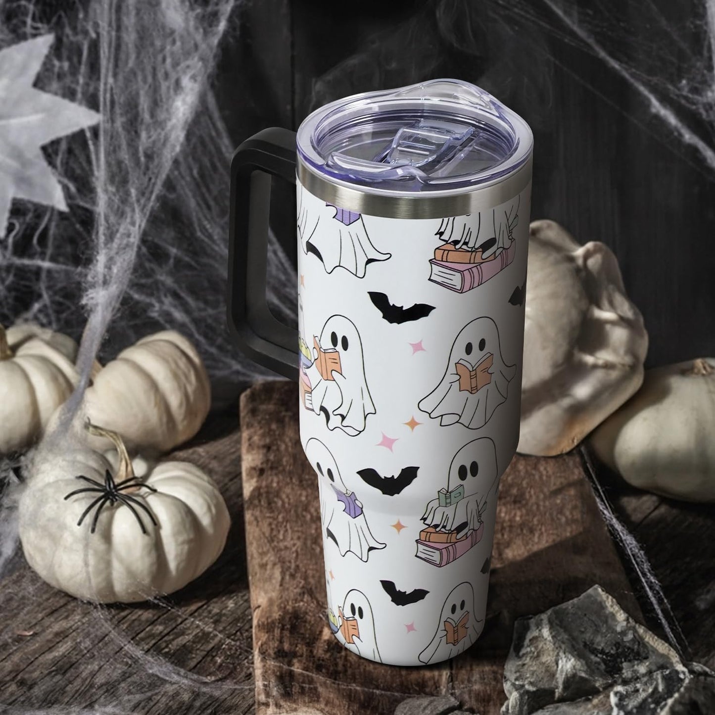 Floral Lemon Tumbler with Handle and Straw Lid 40 oz,Cute Spring Summer Gift for Women Men Friends Boho Flowers Vacuum Insulated Leak Proof Stainless Steel Coffee Cup Mug