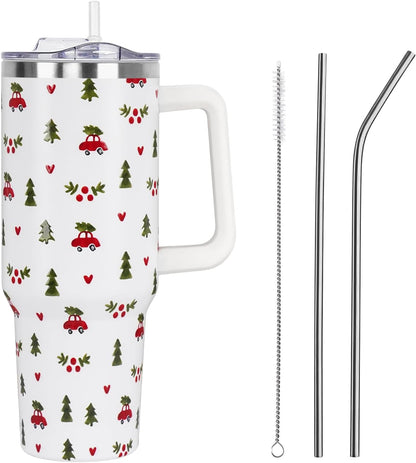 Floral Lemon Tumbler with Handle and Straw Lid 40 oz,Cute Spring Summer Gift for Women Men Friends Boho Flowers Vacuum Insulated Leak Proof Stainless Steel Coffee Cup Mug