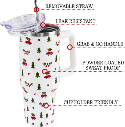 Floral Lemon Tumbler with Handle and Straw Lid 40 oz,Cute Spring Summer Gift for Women Men Friends Boho Flowers Vacuum Insulated Leak Proof Stainless Steel Coffee Cup Mug