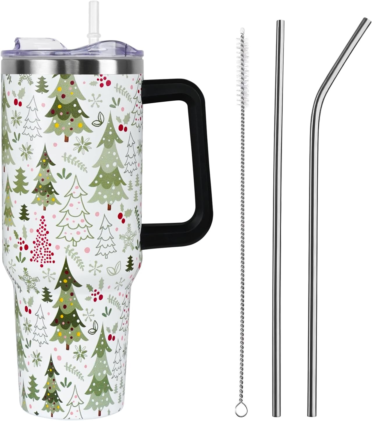 Floral Lemon Tumbler with Handle and Straw Lid 40 oz,Cute Spring Summer Gift for Women Men Friends Boho Flowers Vacuum Insulated Leak Proof Stainless Steel Coffee Cup Mug