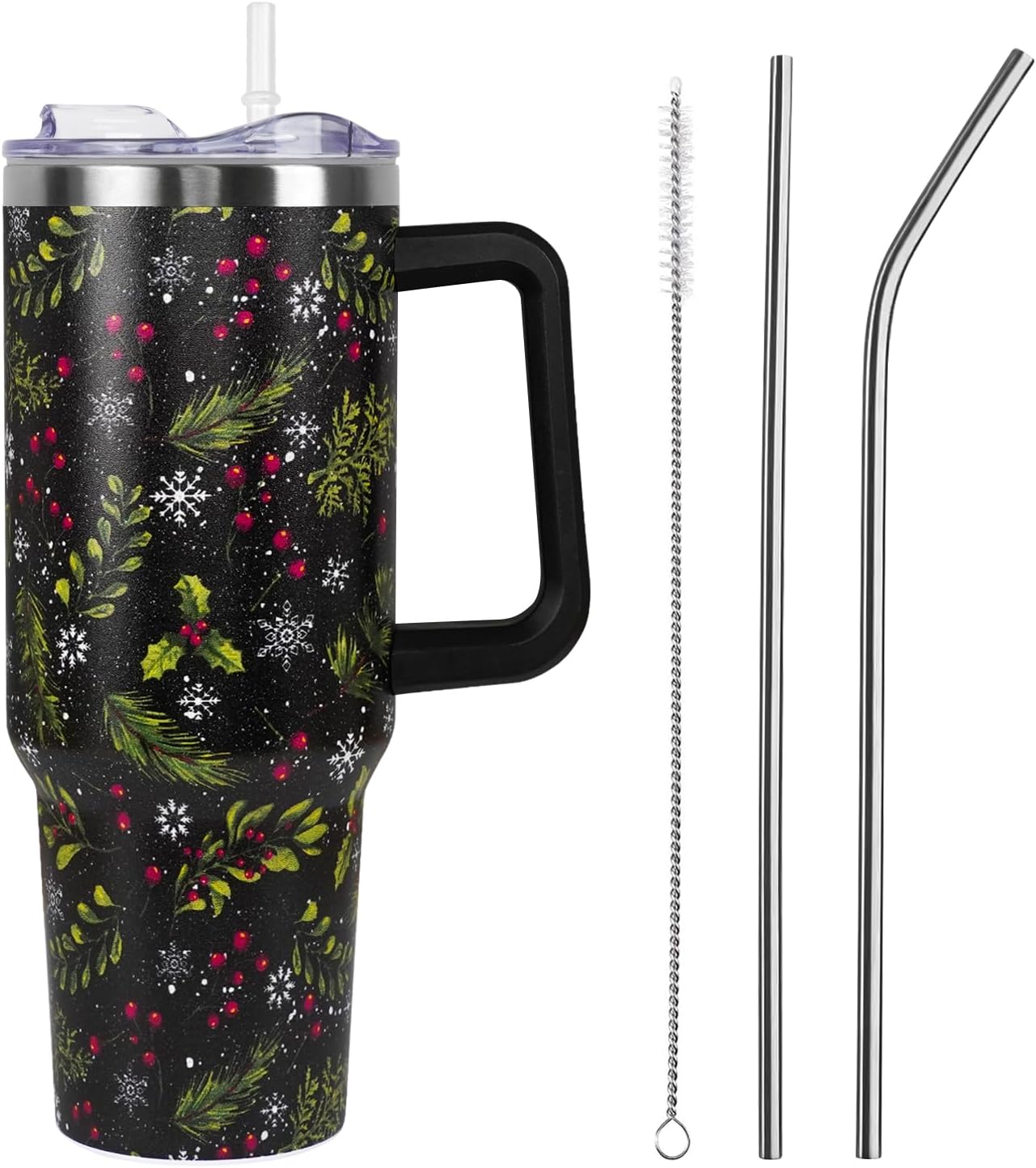 Floral Lemon Tumbler with Handle and Straw Lid 40 oz,Cute Spring Summer Gift for Women Men Friends Boho Flowers Vacuum Insulated Leak Proof Stainless Steel Coffee Cup Mug