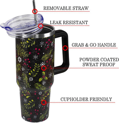 Floral Lemon Tumbler with Handle and Straw Lid 40 oz,Cute Spring Summer Gift for Women Men Friends Boho Flowers Vacuum Insulated Leak Proof Stainless Steel Coffee Cup Mug