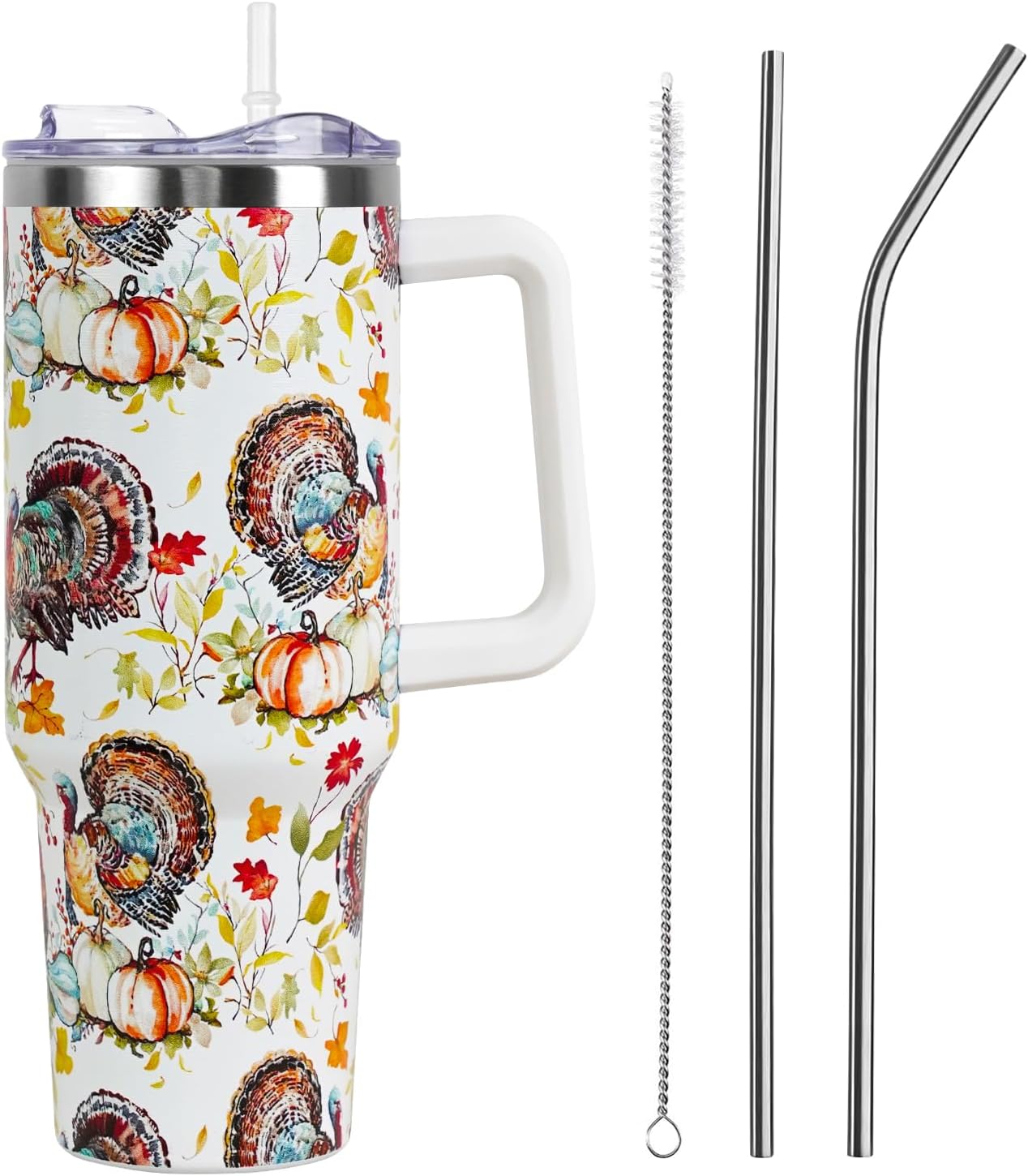 Floral Lemon Tumbler with Handle and Straw Lid 40 oz,Cute Spring Summer Gift for Women Men Friends Boho Flowers Vacuum Insulated Leak Proof Stainless Steel Coffee Cup Mug