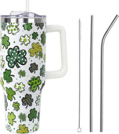 Floral Lemon Tumbler with Handle and Straw Lid 40 oz,Cute Spring Summer Gift for Women Men Friends Boho Flowers Vacuum Insulated Leak Proof Stainless Steel Coffee Cup Mug
