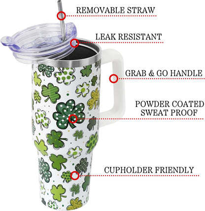Floral Lemon Tumbler with Handle and Straw Lid 40 oz,Cute Spring Summer Gift for Women Men Friends Boho Flowers Vacuum Insulated Leak Proof Stainless Steel Coffee Cup Mug