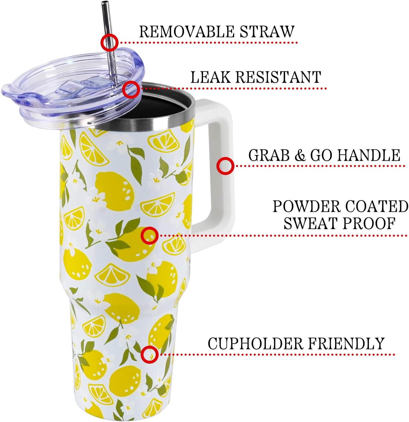 Floral Lemon Tumbler with Handle and Straw Lid 40 oz,Cute Spring Summer Gift for Women Men Friends Boho Flowers Vacuum Insulated Leak Proof Stainless Steel Coffee Cup Mug
