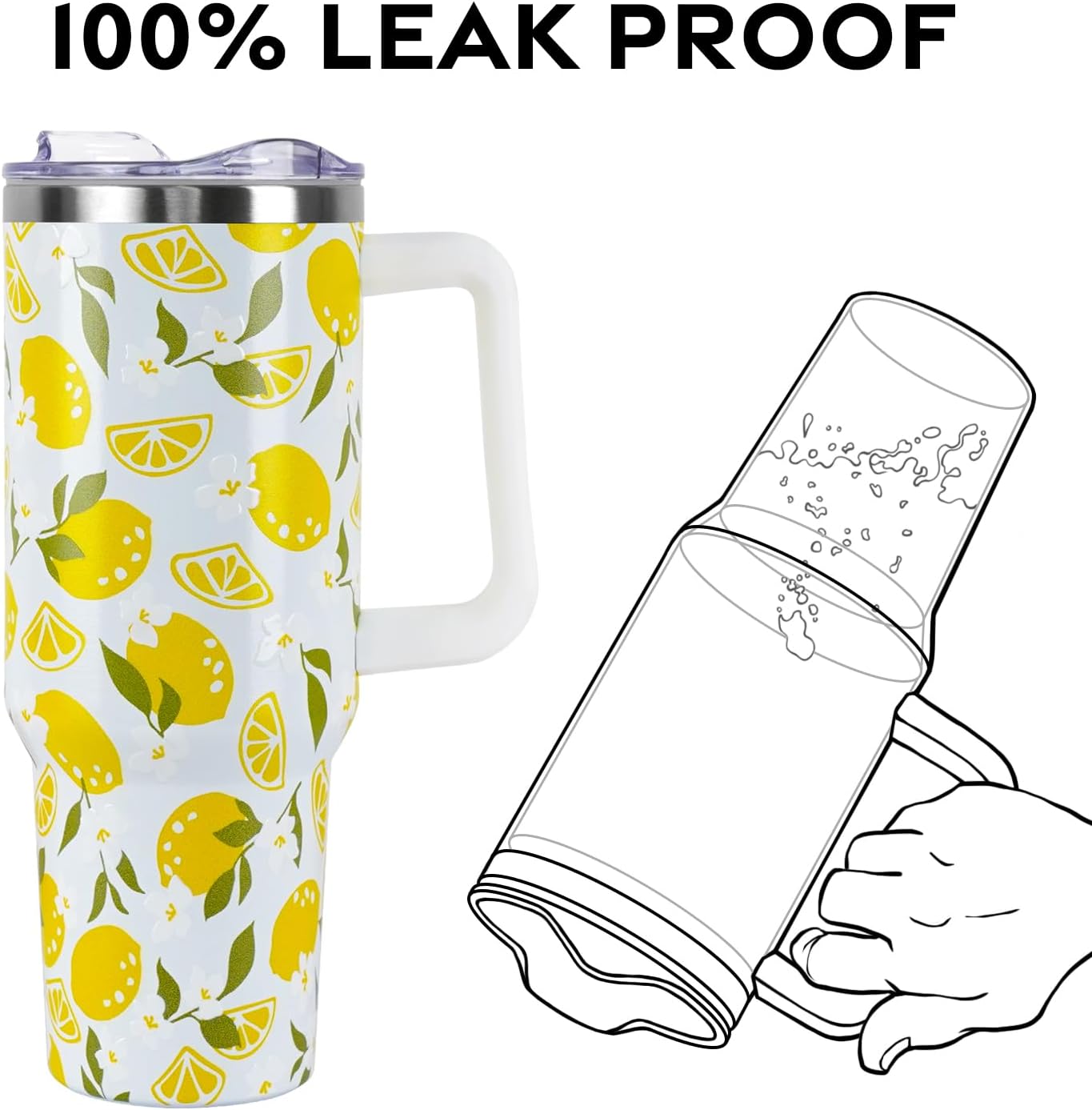 Floral Lemon Tumbler with Handle and Straw Lid 40 oz,Cute Spring Summer Gift for Women Men Friends Boho Flowers Vacuum Insulated Leak Proof Stainless Steel Coffee Cup Mug