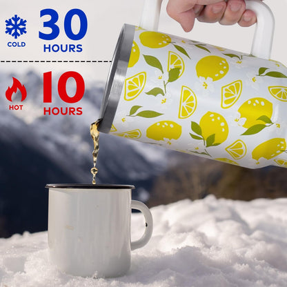 Floral Lemon Tumbler with Handle and Straw Lid 40 oz,Cute Spring Summer Gift for Women Men Friends Boho Flowers Vacuum Insulated Leak Proof Stainless Steel Coffee Cup Mug