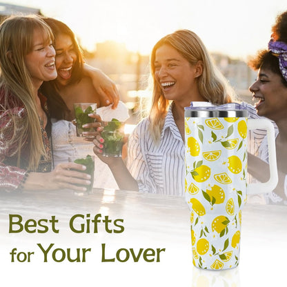 Floral Lemon Tumbler with Handle and Straw Lid 40 oz,Cute Spring Summer Gift for Women Men Friends Boho Flowers Vacuum Insulated Leak Proof Stainless Steel Coffee Cup Mug