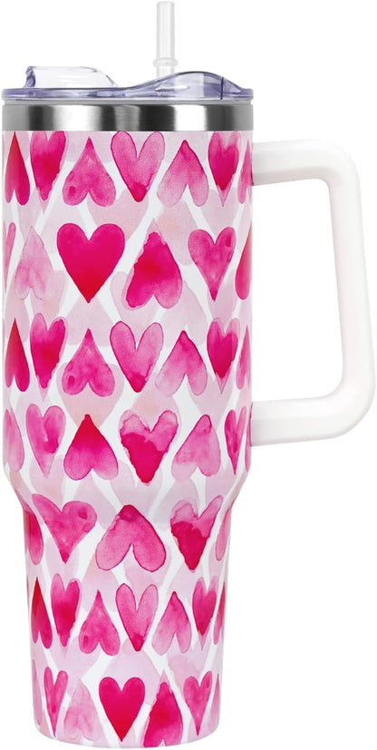 Floral Lemon Tumbler with Handle and Straw Lid 40 oz,Cute Spring Summer Gift for Women Men Friends Boho Flowers Vacuum Insulated Leak Proof Stainless Steel Coffee Cup Mug