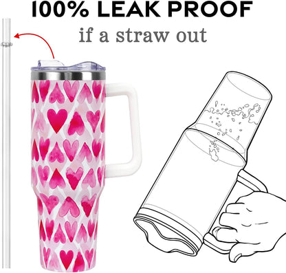 Floral Lemon Tumbler with Handle and Straw Lid 40 oz,Cute Spring Summer Gift for Women Men Friends Boho Flowers Vacuum Insulated Leak Proof Stainless Steel Coffee Cup Mug